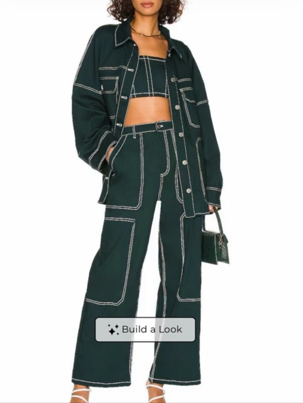High-Waist Wide-Leg Contrast Stitch Dark Green Pants